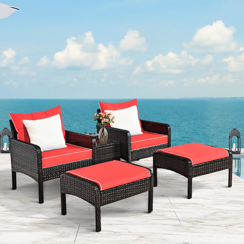 Costway 5 PCS Patio Rattan Furniture Set Sofa Ottoman Table Cushioned - See Details - Red - See Details