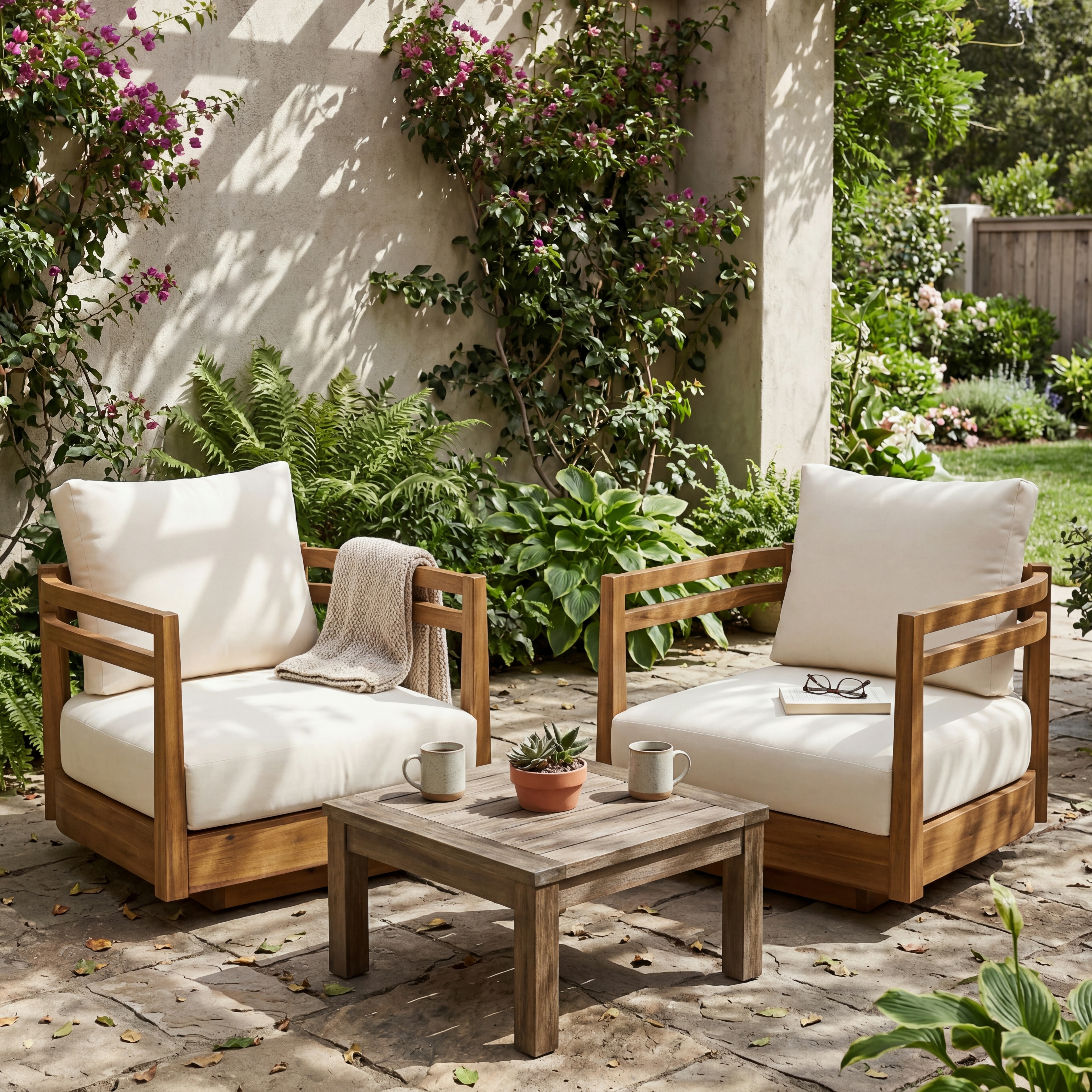 Christopher Knight Home - Outdoor Set of 2 Swivel Chairs with Acacia Wood Open Armrest Frame & 360° Iron Base