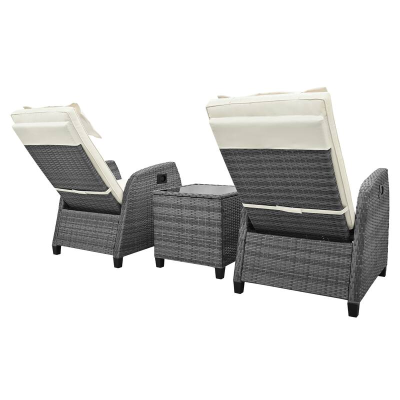 3-Piece Outdoor Patio Wicker Recliner Chair Set with Tempered Glass Table