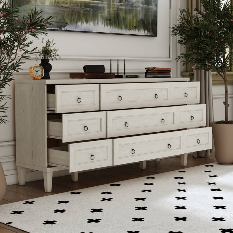 63.4" Wide 9 Drawer Dresser, Modern Light Wood Bedroom Dresser with Solid Legs for Storage