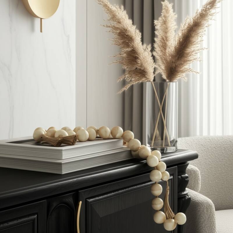 Resin Modern Decorative Beads with Jute Detailing and Textured Accents - Ivory/ Tan - 40.01" x 2" x 2"