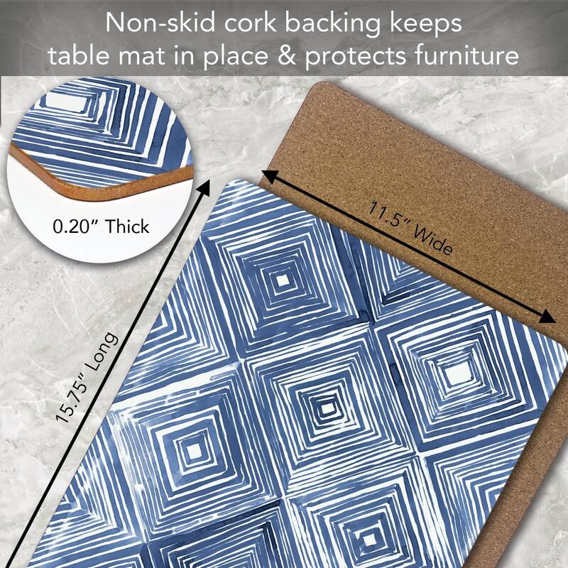 Indigo Diamond Decorative Hardboard Placemats with Protective Cork Backing 4 Pack Heat Tolerant and Easily Wipes Clean
