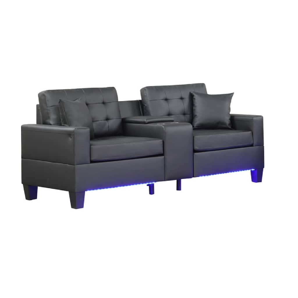 Iris Sofa with LED, USB Ports, Cupholders, Black Faux Leather 85 Inch