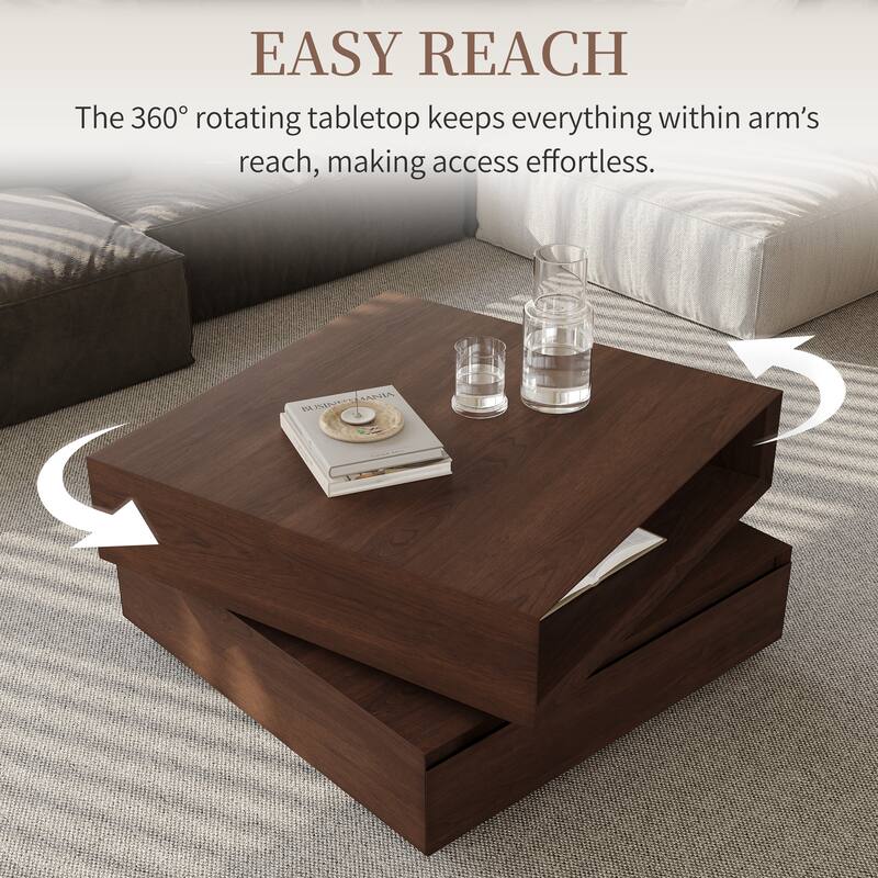 31.5" Mid Century Square Wood Coffee Table,Swivel Two-tier Coffee Table, Brown