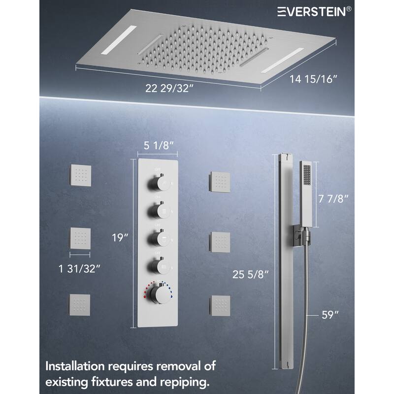 Multi-Function Thermostatic Shower System – Rainfall, Waterfall, Body Jets & LED Smart Control - 15*23