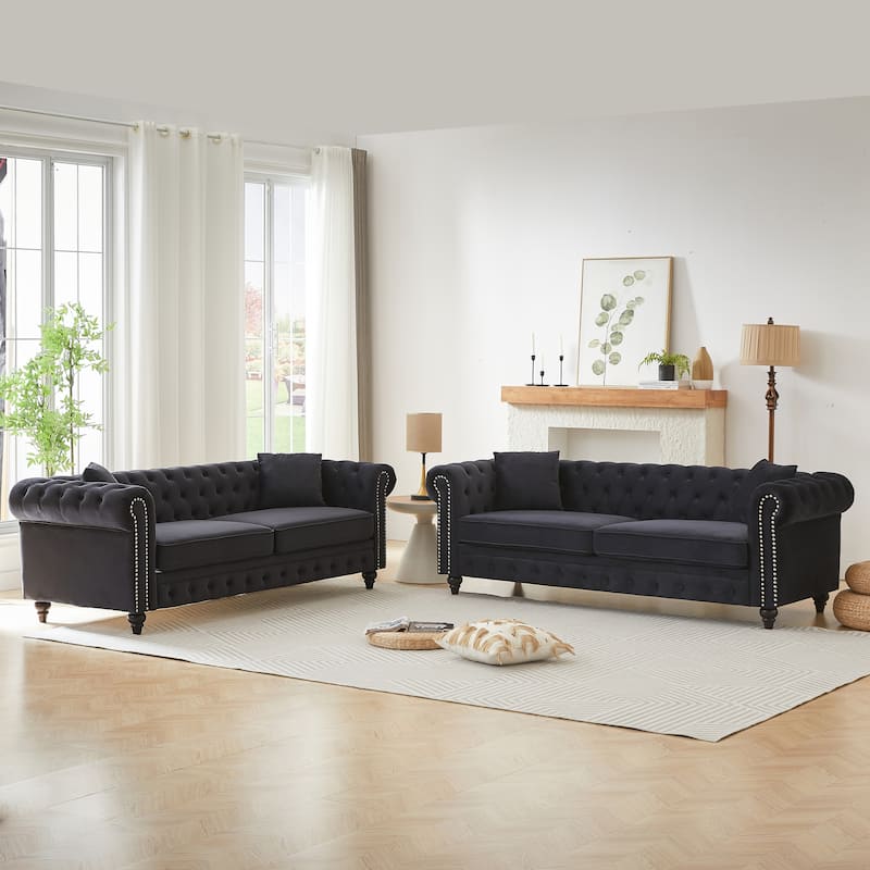 3+3 Seat Velvet Deep Seat Sofas Set, Classic Chesterfield Couches with Nailheads Accent, Removable Cushions and Pillows - Black