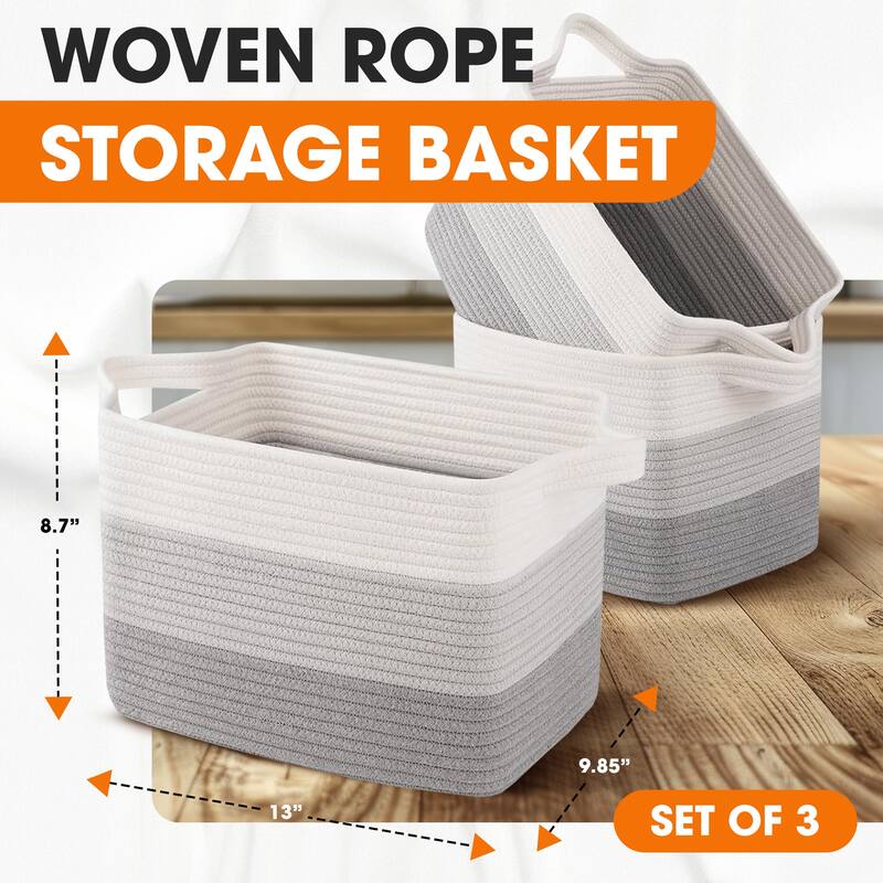 Cheer Collection 3 Piece Cotton Rope Storage Basket Set for Home Organization
