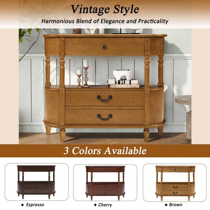 Retro Curved Wood Console Table Entryway Table with 3 Drawers, Sofa Table Coffee Table with Storage Shelf