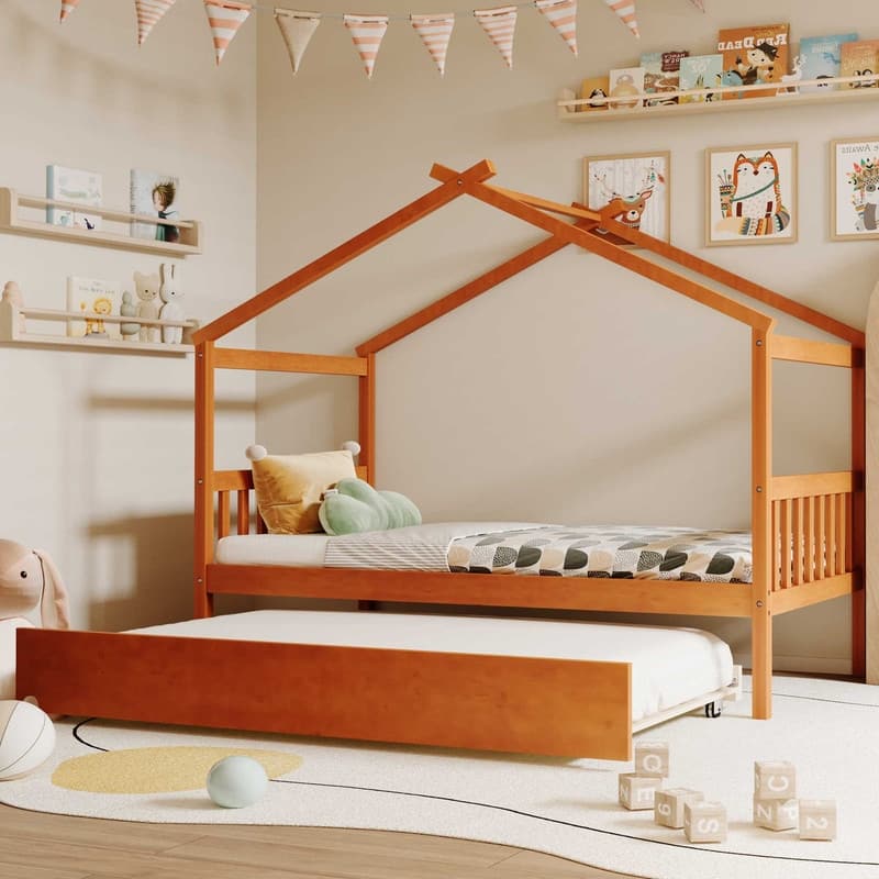 Twin Size Wooden House Bed with Twin Size Trundle - Walnut