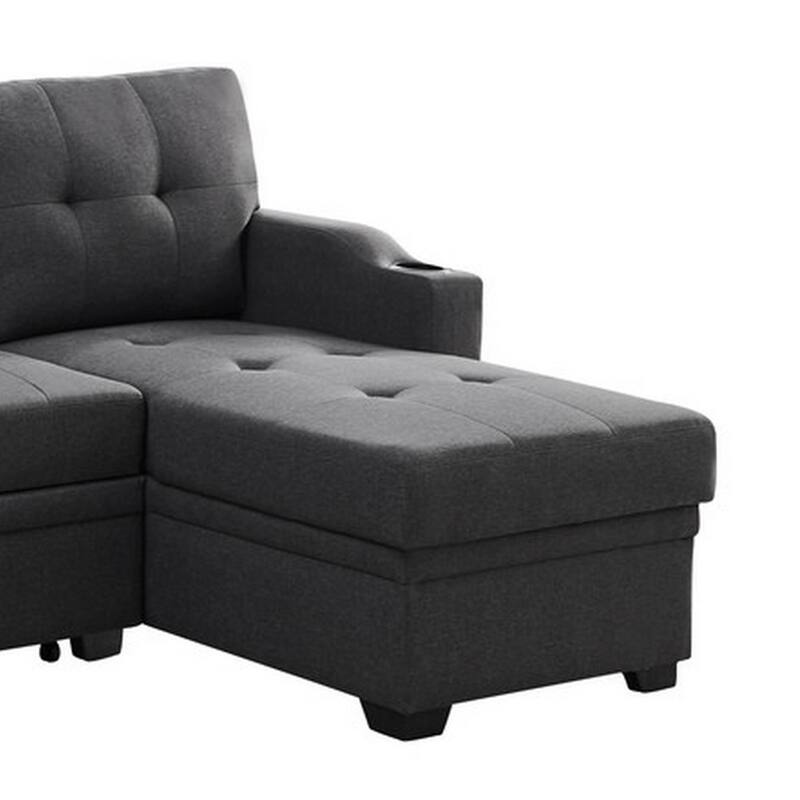 Leon 83 Inch Sleeper Sectional Sofa, USB Ports, Cupholders, Dark Gray Linen