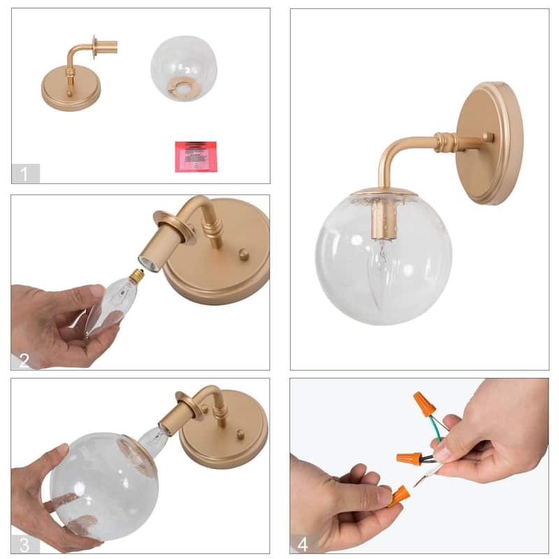 Modern Glam Gold Single Wall Sconce Globe Glass Shade Bathroom vanity light
