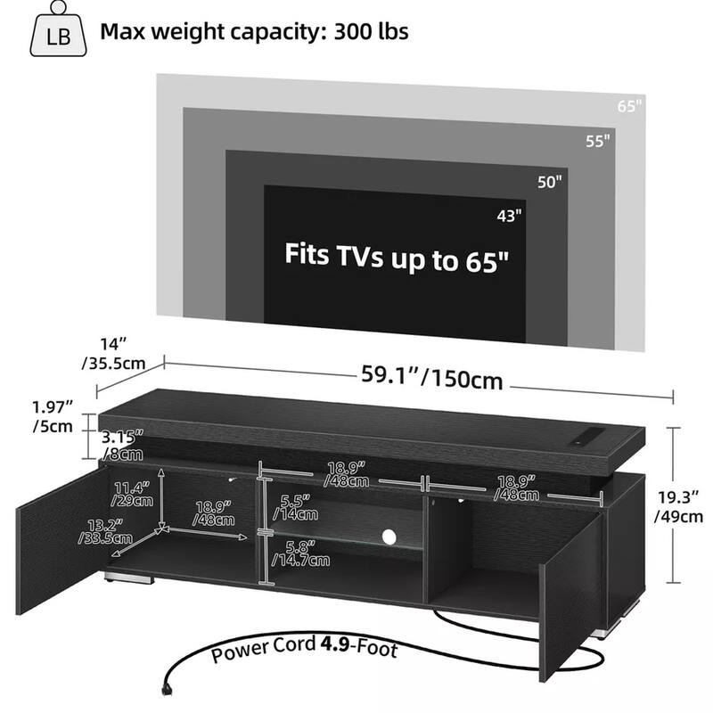 TV Stand with Charging Station & LED Lights For Up to 65 In - 59"