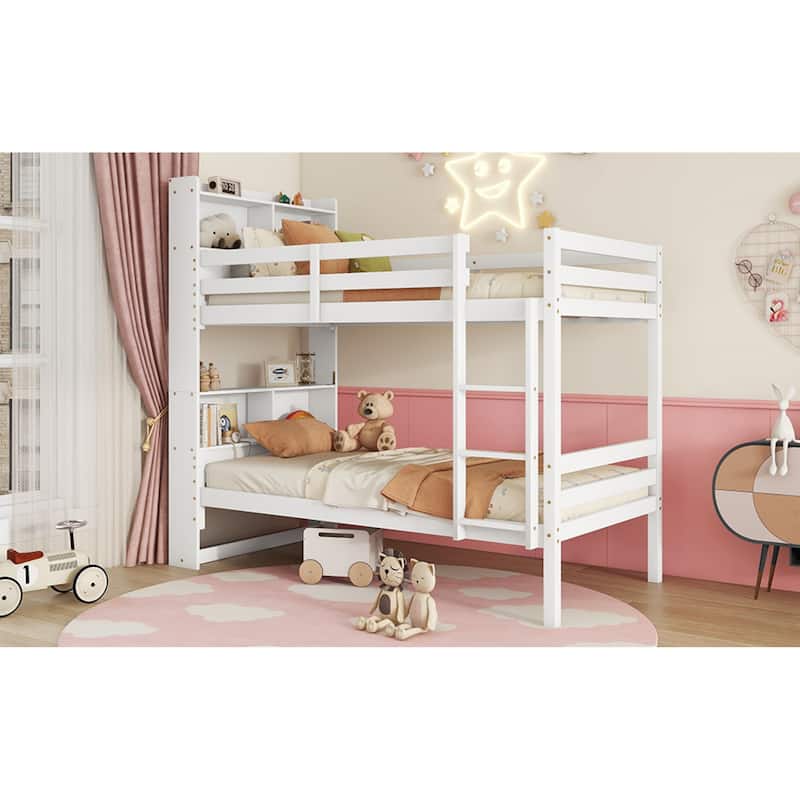 Roomfitters Twin Over Twin Rubber Wood Bunk Bed with Shelves Headboard, Convertible Design, Ladder and Safety Guardrails