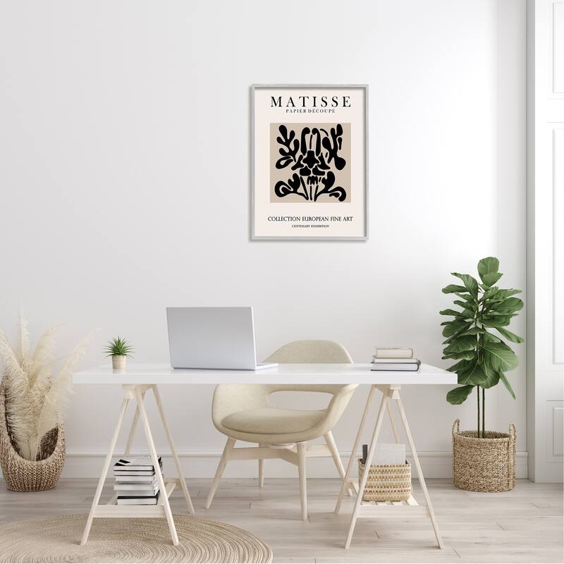 Stupell Abstract Contemporary Black Floral Design Matisse Typography Framed Wall Art - Off-White