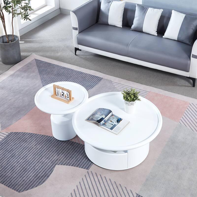 2 Pieces White MDF Round Coffee Table Set