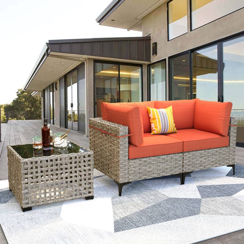 XIZZI 3-piece Rattan Wicker Patio Furniture Set with Coffee Table - Red/Orange