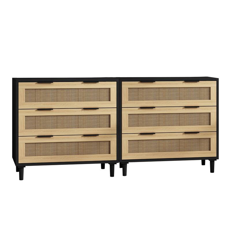 Rattan 3-Drawers Buffet Storage Cabinet (Set of 2)