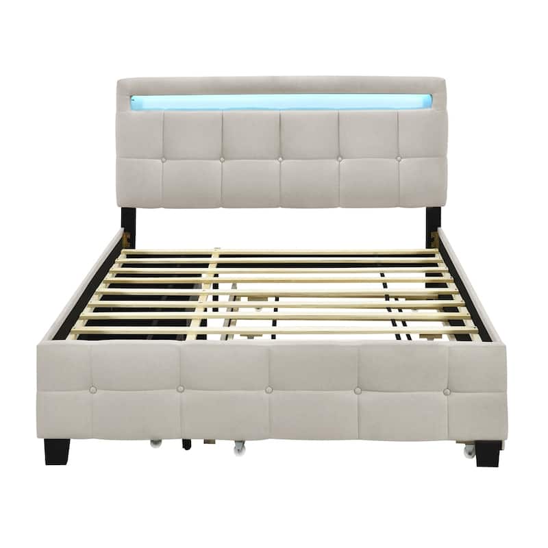 Queen Size Upholstered Platform Bed w/ LED Frame, Twin XL Size Trundle