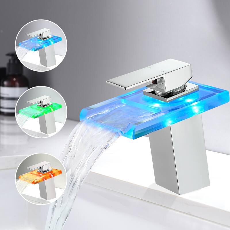 Bathroom Sink Faucet LED Light Changing Waterfall Glass Spout Mixer Single Handle One Hole Deck Mounted Bathroom Faucet