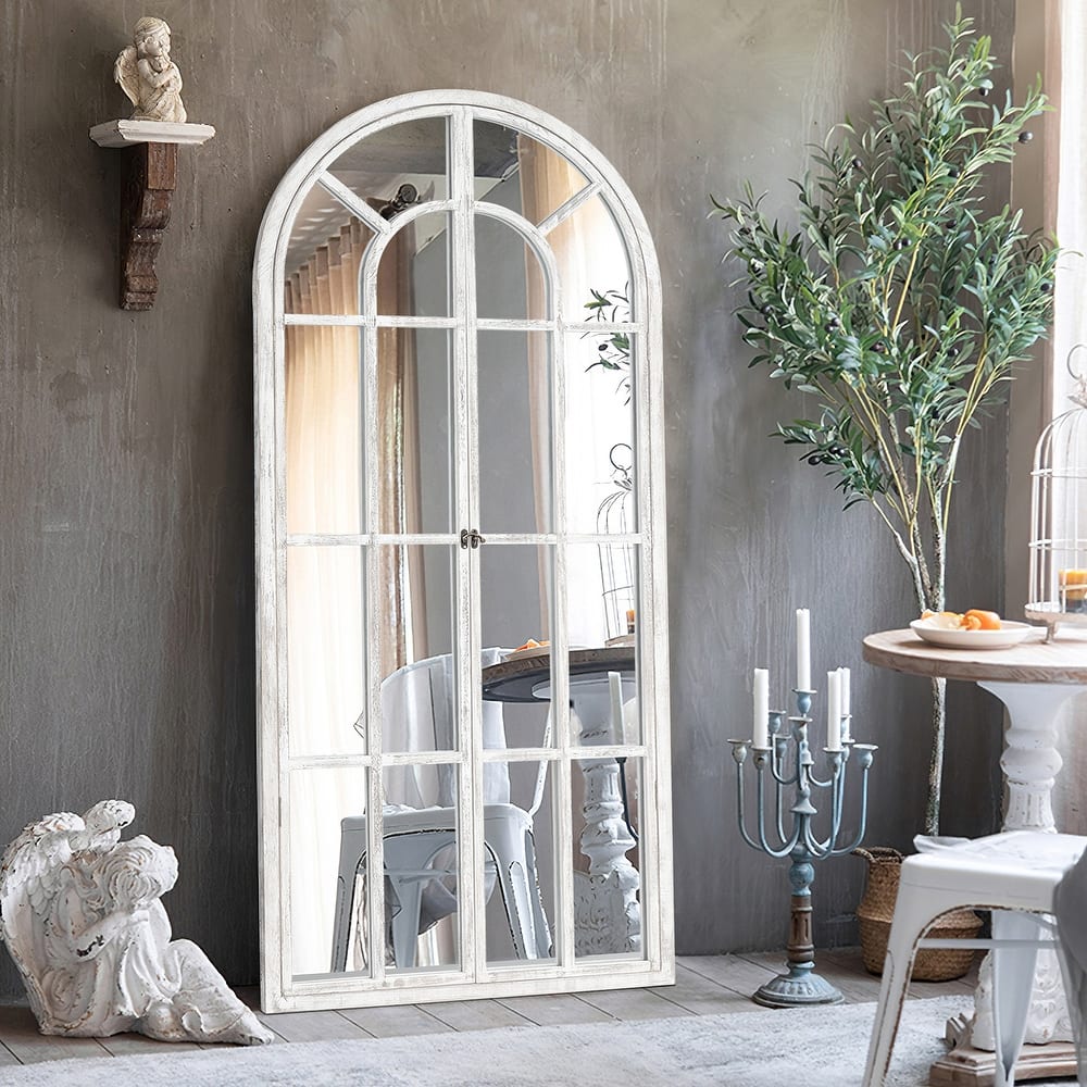 Rustic Wood Arched Window Wall Mirror - Distinctive Full Length Vanity Mirror