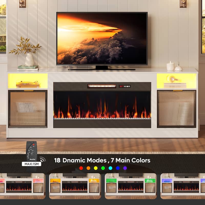 Bestier 71 in. Freestanding Fireplace TV Stand for TVs Up to 80 in. with Ample Storage in Glossy - 22.83hx71wx15.75d
