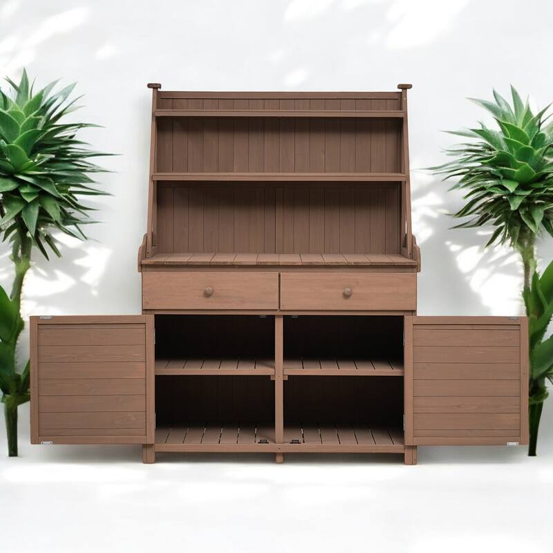 65" Garden Potting Bench Table with Storage Shelves, Drawers, and Cabinet – Fir Outdoor Planting Station with Storage Shelves