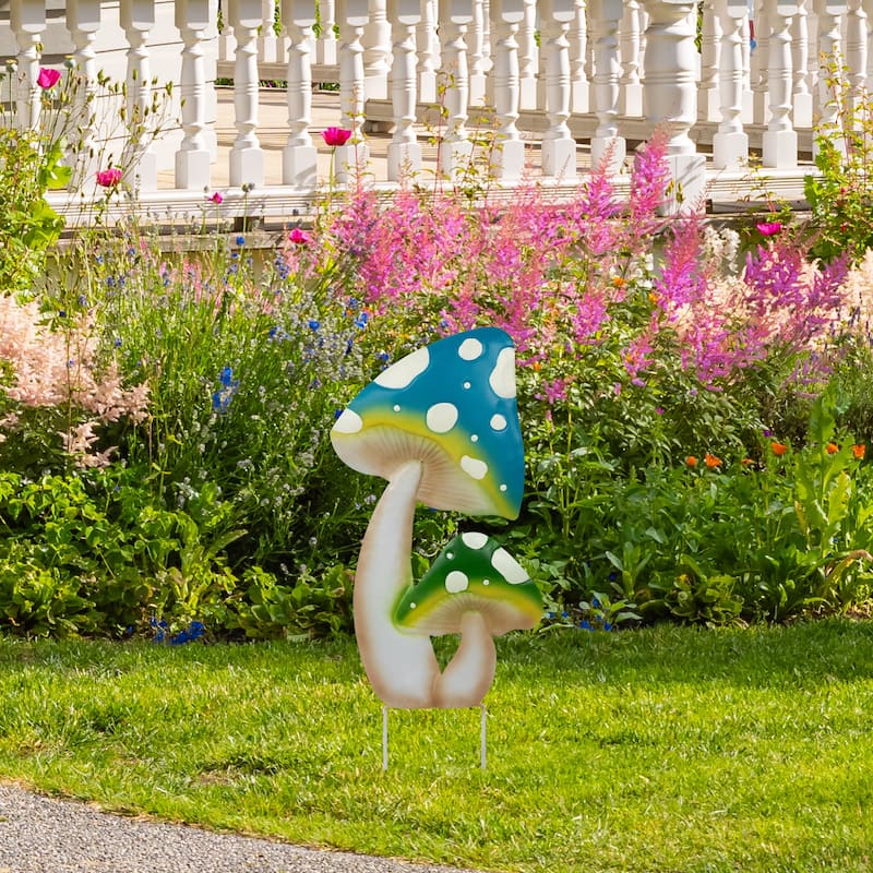 Double Spotted Mushrooms Outdoor Garden Stake - 16" - Blue and Green
