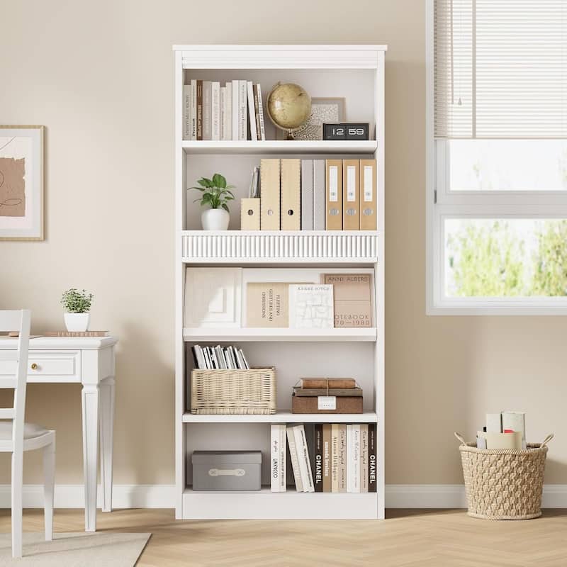 71 Inch Fluted Design Farmhouse Bookcase with Display Rack - N/A