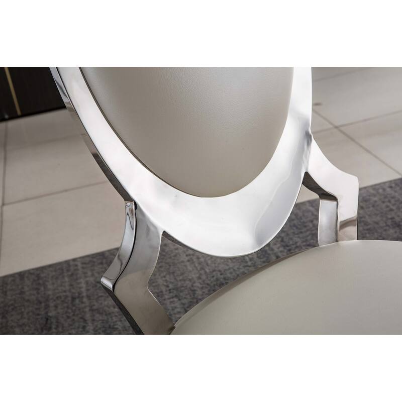 Leatherette Dining Chair with Oval Backrest Set of 2, Stainless Steel Legs - White