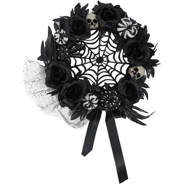 slide 2 of 12, Haunted Hill Farm 15-In. Halloween Black and White Floral Wreath Pumpkins, Skulls, and Spiderweb for Haunted House Decoration