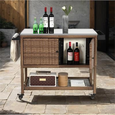 Rolling Rattan Bar Cart with Stainless Steel Table Top for Garden