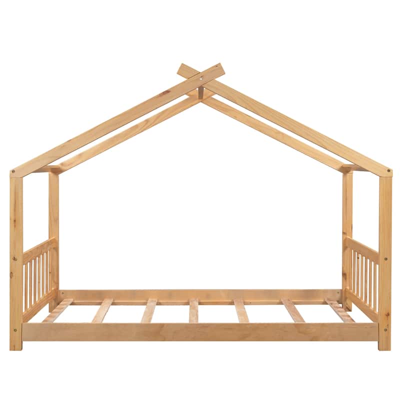 Twin Size House Platform bed with Headboard and Footboard,Roof Design,Natural