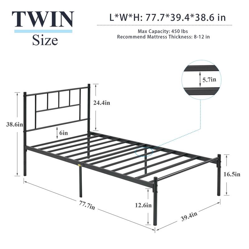 VECELO Victorian Style 14 Inch Metal Platform Bed Frame with Headboard, Heavy Duty Steel Slat Support, No Box Spring Needed