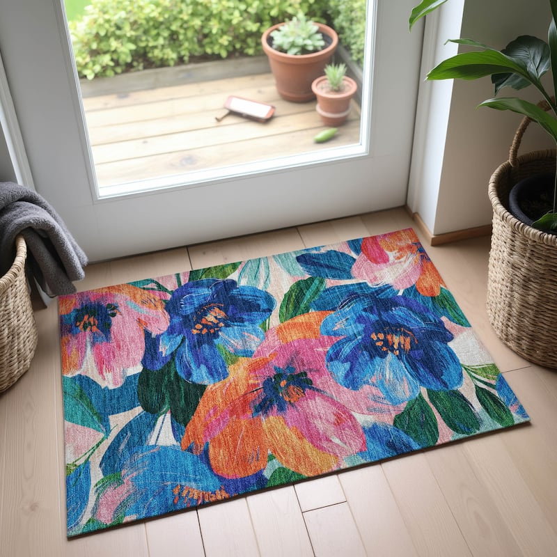 Premium Washable Super Soft Modern Floral Mayfield Rug - Navy - 1'8" x 2'6"