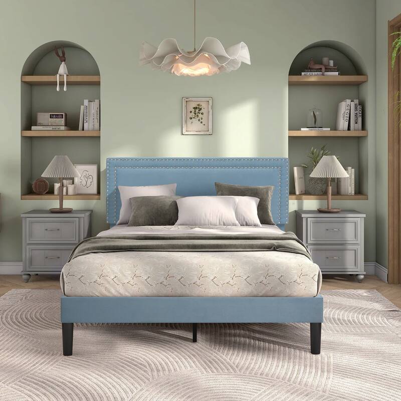 VECELO Upholstered Bed Frames with Height Adjustable Headboard - Light Blue - Full