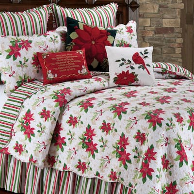 Holly Poinsettia Full/Queen 3 Piece Quilt - White