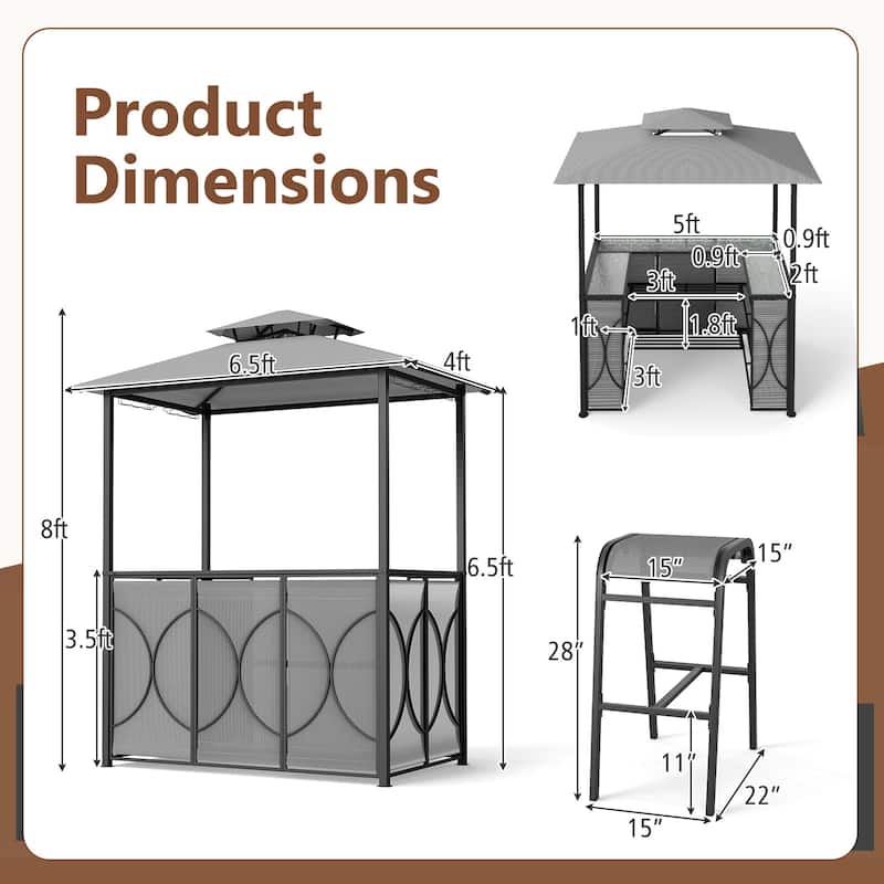 Costway 6.5 x 4 x 8 FT Grill Gazebo Set with 2 Bar Stools, Tempered - See Details