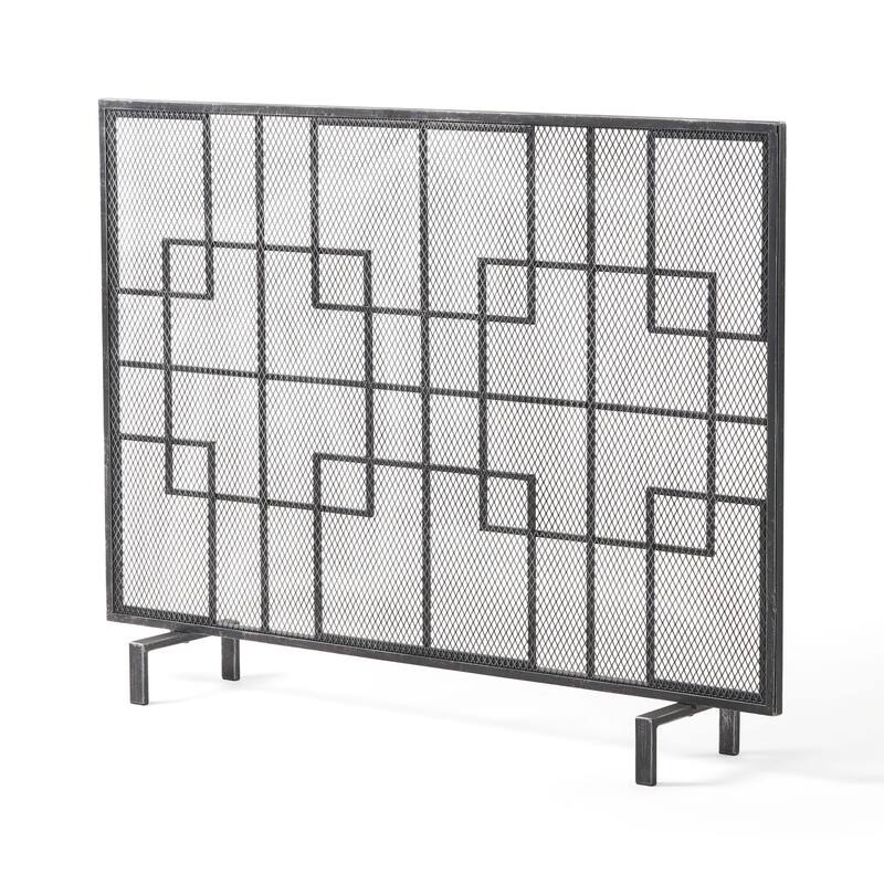 31x41 Fireplace Screen with Mesh, Contemporary Design, Black, Silver