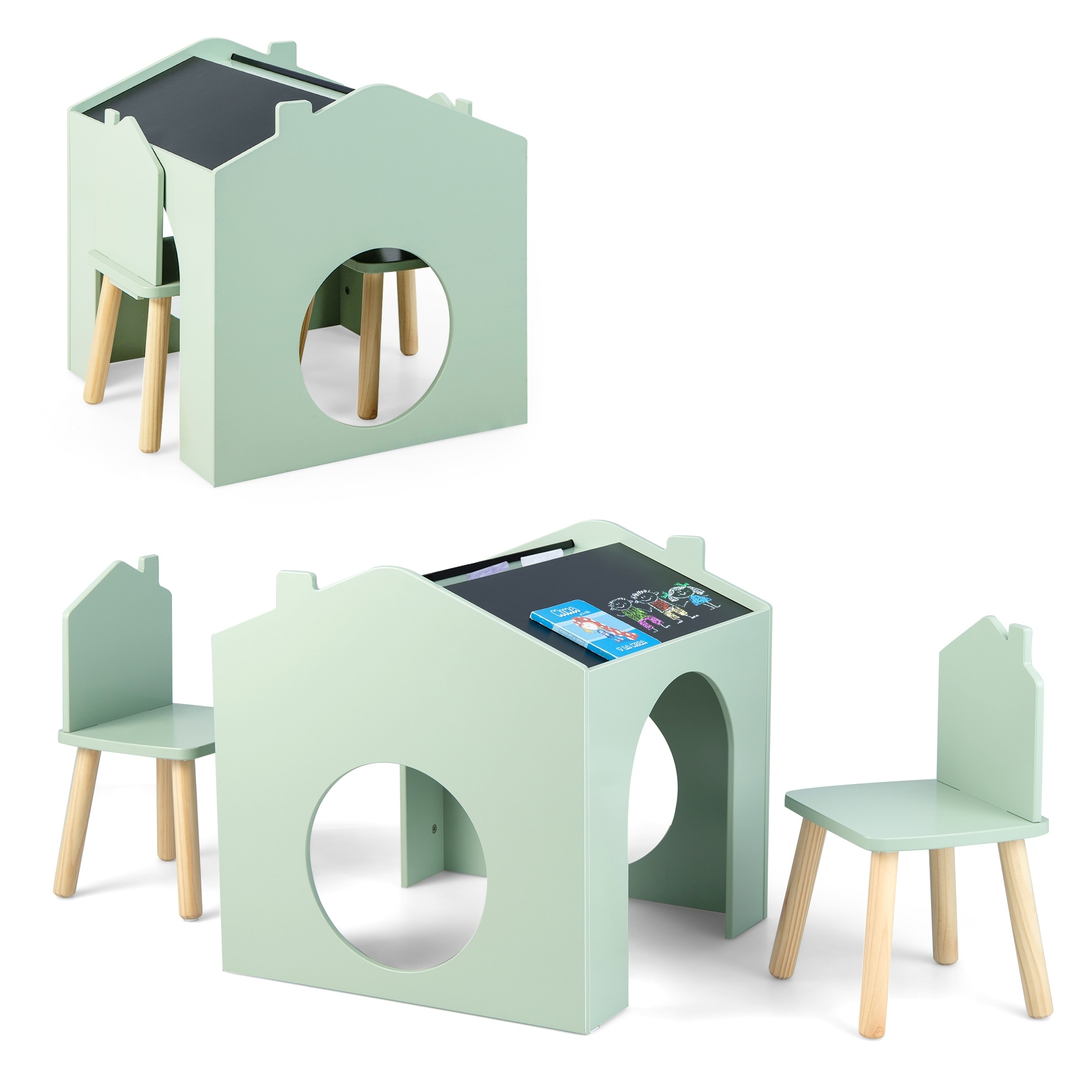 Costway 3 Piece Kids Wooden Table and Chair Set with Blackboard for