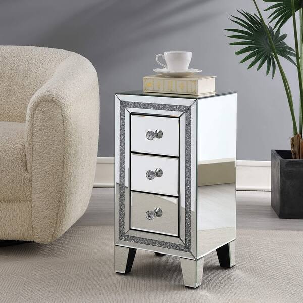 Mirrored Nightstand with 3Drawers, Mirror Accent Silver Table for