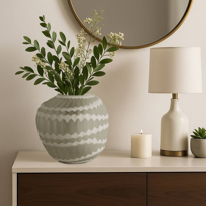 Carved Glass Vase with Vertical Strips Pattern Finish - White