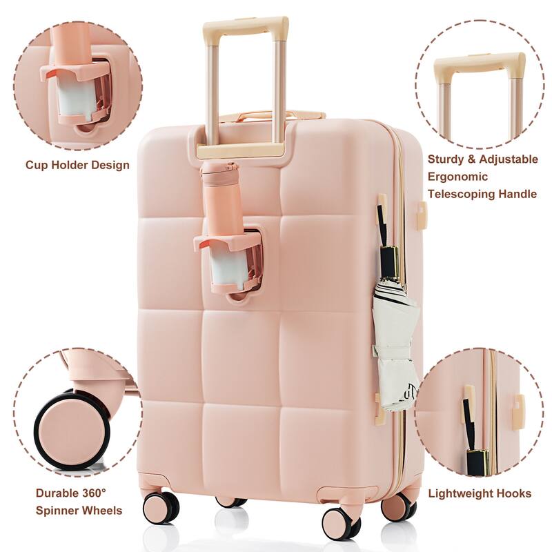 3-Piece, Modern Luggage Sets Hard Shell Luggage with Cup Holder and Spinner Wheels, for Boarding Travel, Pink