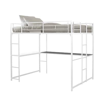 Metal Full Loft Bed with L-shaped Desk Workstation in White