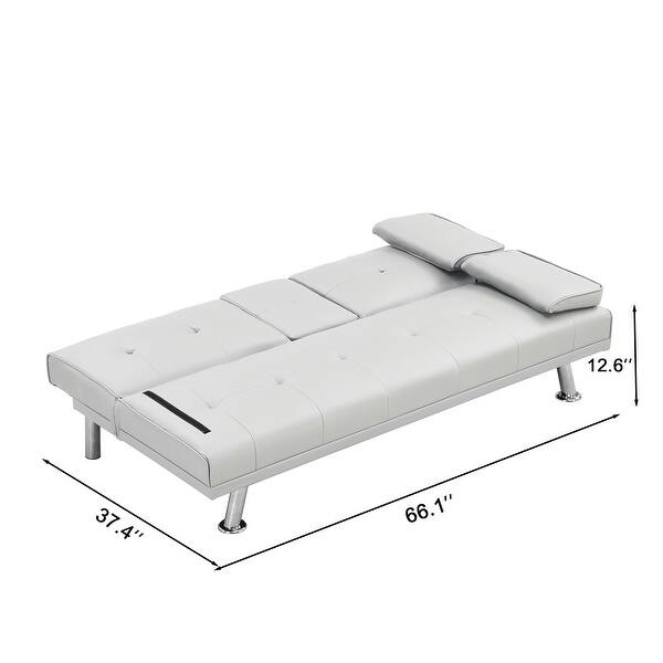 dimension image slide 0 of 2, Multifunctional Sofa Bed PVC Recliner Chair Bed Futon Chaise Lounge with Console and Cup Holder for Living Room, White