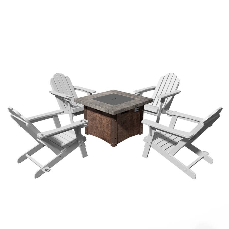 34.5 in. 5-Piece Metal Patio Fire Pit Set, Fire Pit Table and Adirondack Chairs with Cup Holder and Umbrella Holder - White