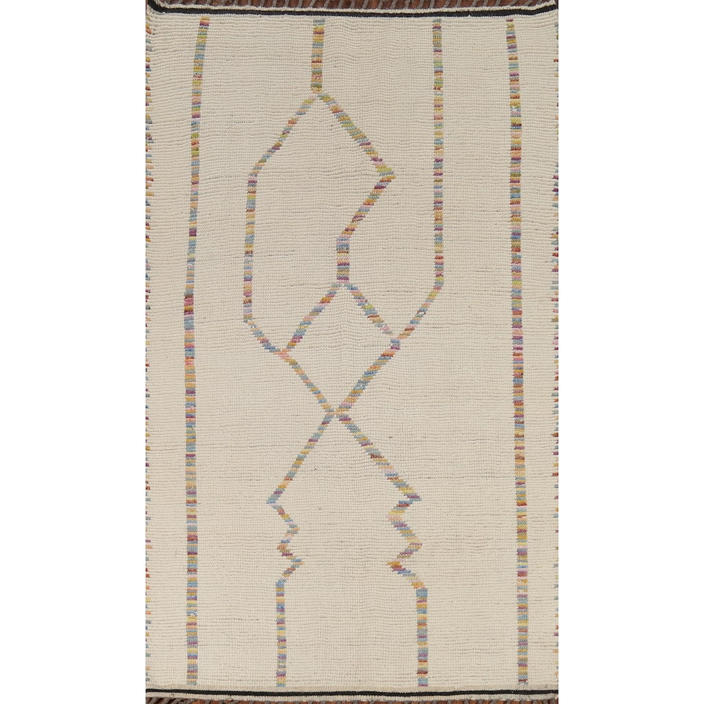 Ivory Moroccan Area Rug Hand-Knotted Stripe Wool Carpet - 4'11"x 8'8"