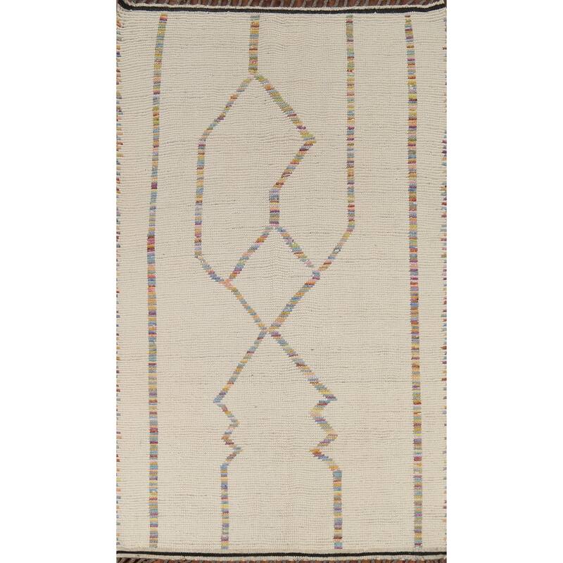 Ivory Moroccan Area Rug Hand-Knotted Stripe Wool Carpet - 4'11"x 8'8"