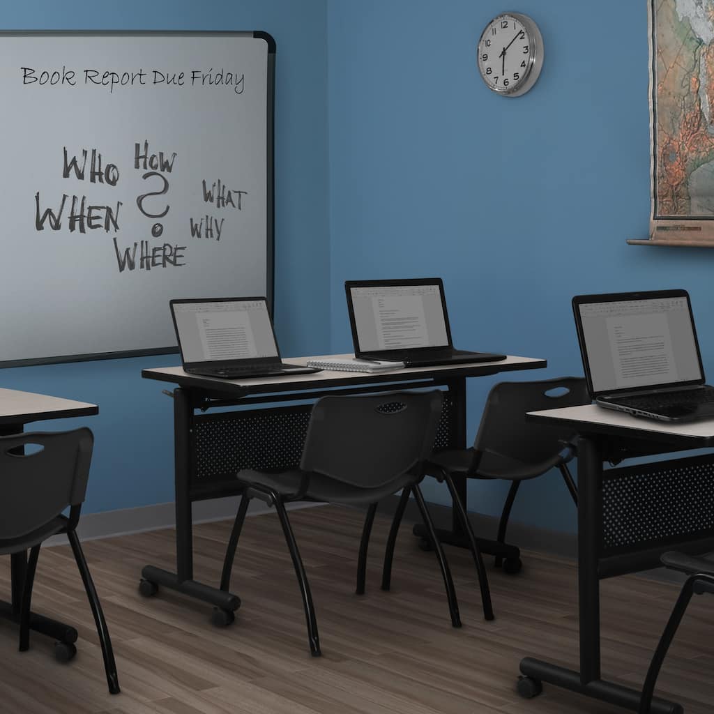 48" x 24" Flip Top Mobile Training Table with Modesty Panel- Maple and 2 "M" Stack Chairs- Black