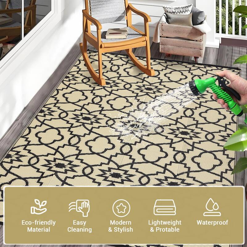 Outdoor Plastic Straw Rug Geometric Waterproof Reversible Area Rug for Patio Backyard Picnic Camp Beach
