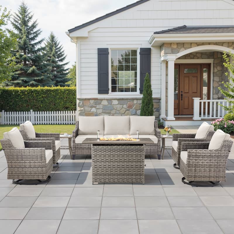 Pocassy Outdoor Swivel Chair with Sofa with Fire Pit Table - Beige Cushion Gray Wicker - 8-Piece Fire Pit Table w/ Sofa Swivel Chair